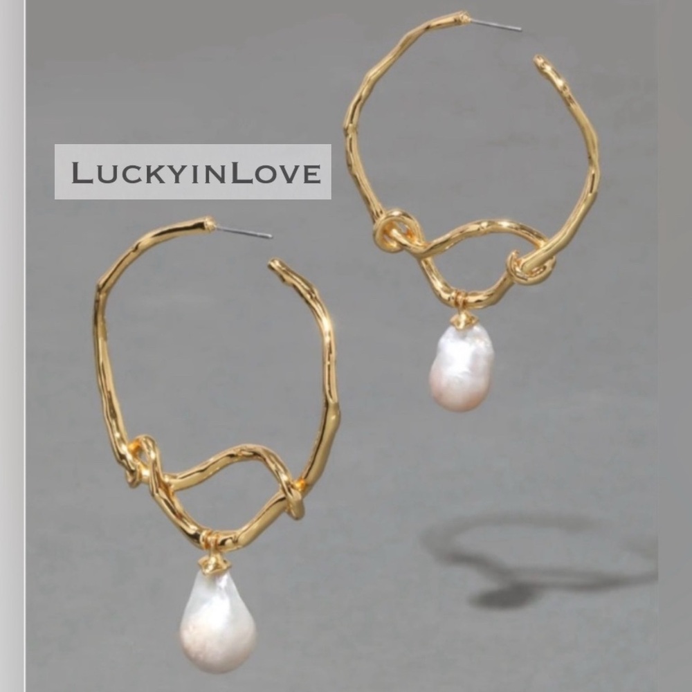 ALEXIS BITTAR • Twisted Gold Pearl Hoop Post Drop Earrings